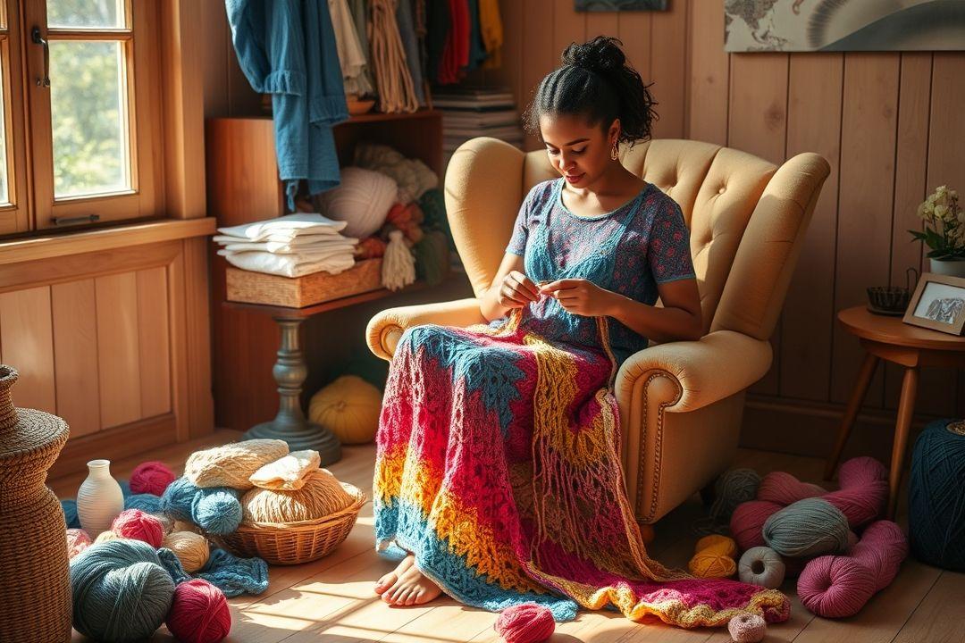 Вязальная игла и начатая кокетка для платья на столе
