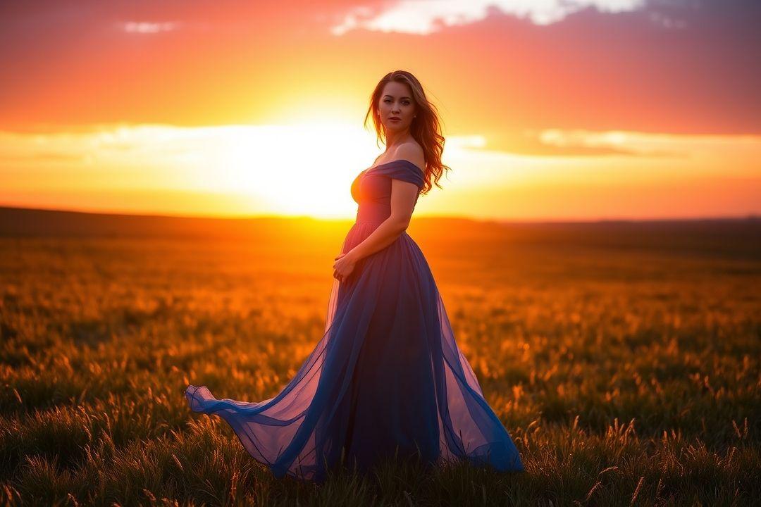 Женщина в голубом платье, гуляющая по пляжу