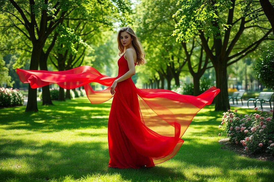 Красное платье с чёрным поясом, элегантная поза, вечерний свет
