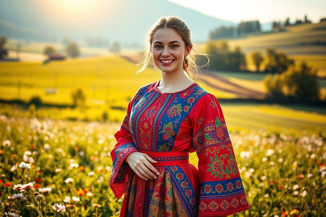 Девочка в белом сарафане с вышивкой, стоящая на зеленом поле