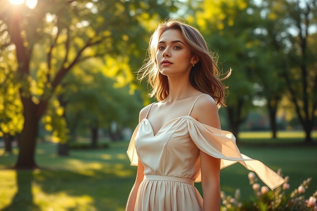 Бежевое платье с открытыми плечами на фоне пляжа