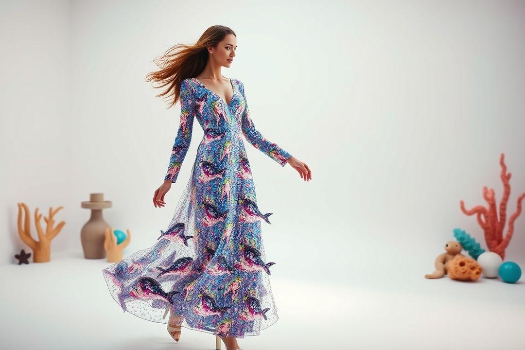 Платье с коротким подолом, блестящие пайетки, акулья тематика