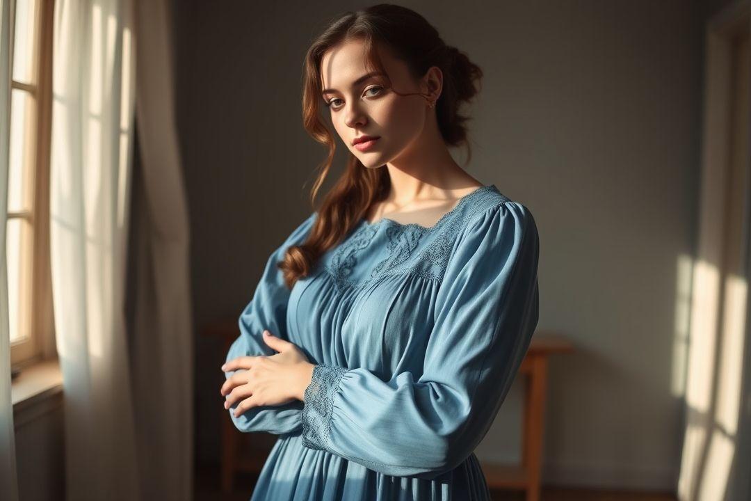  элегантное закрытое синее платье с высоким воротом, атласная текстура