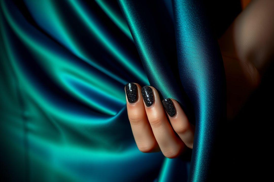 Длинные черные ногти, украшенные стразами, на фоне черного платья