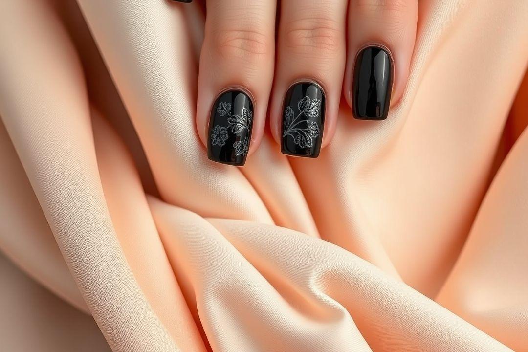 Ногти с матовым черным покрытием, гармонирующие с вечерним нарядом