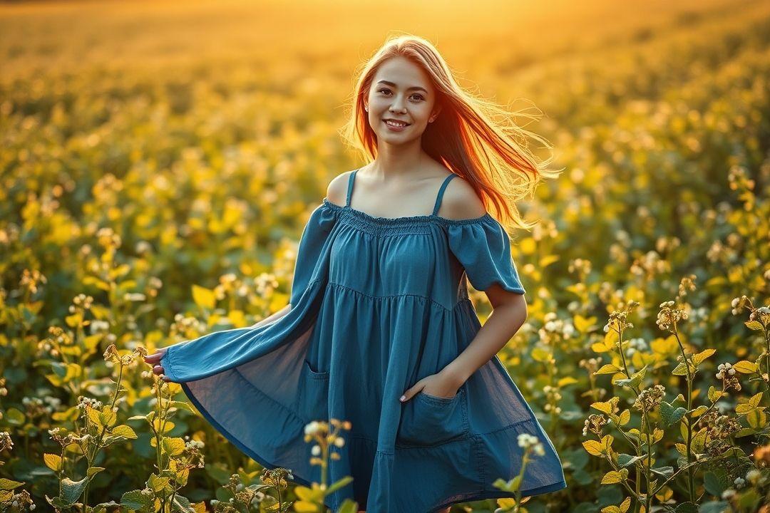 Синее платье в горох, длинное, с рукавами фламинго