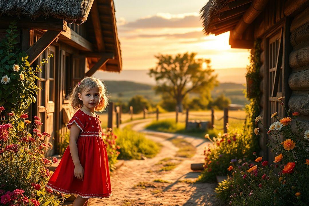 Русская девушка в красном платье, стоящая у окна светлого дерева