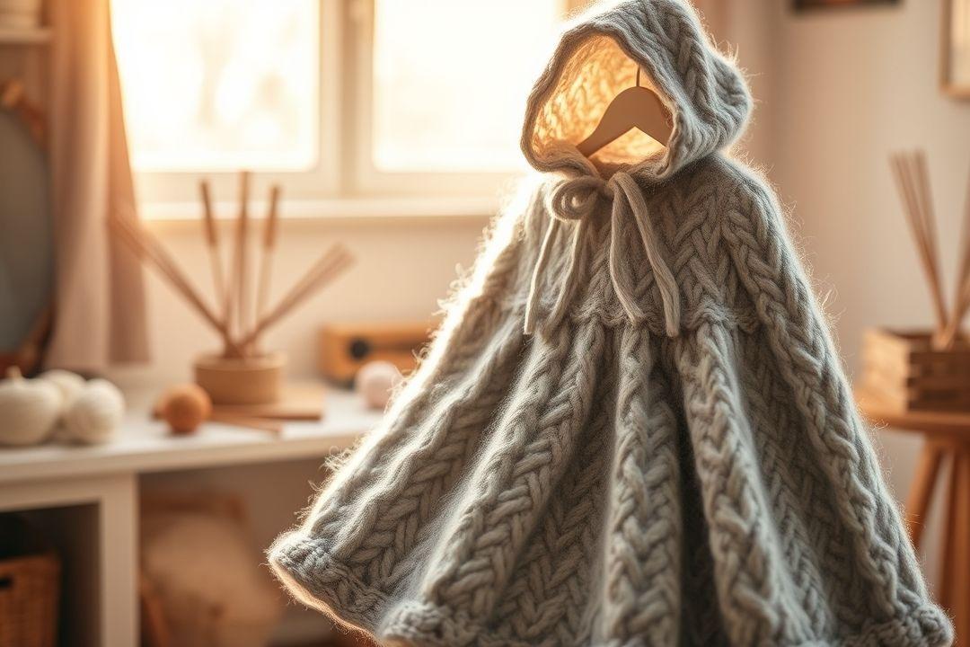 Платье спицами, длина до колена, с одним карманом, из яркой ручной пряжи
