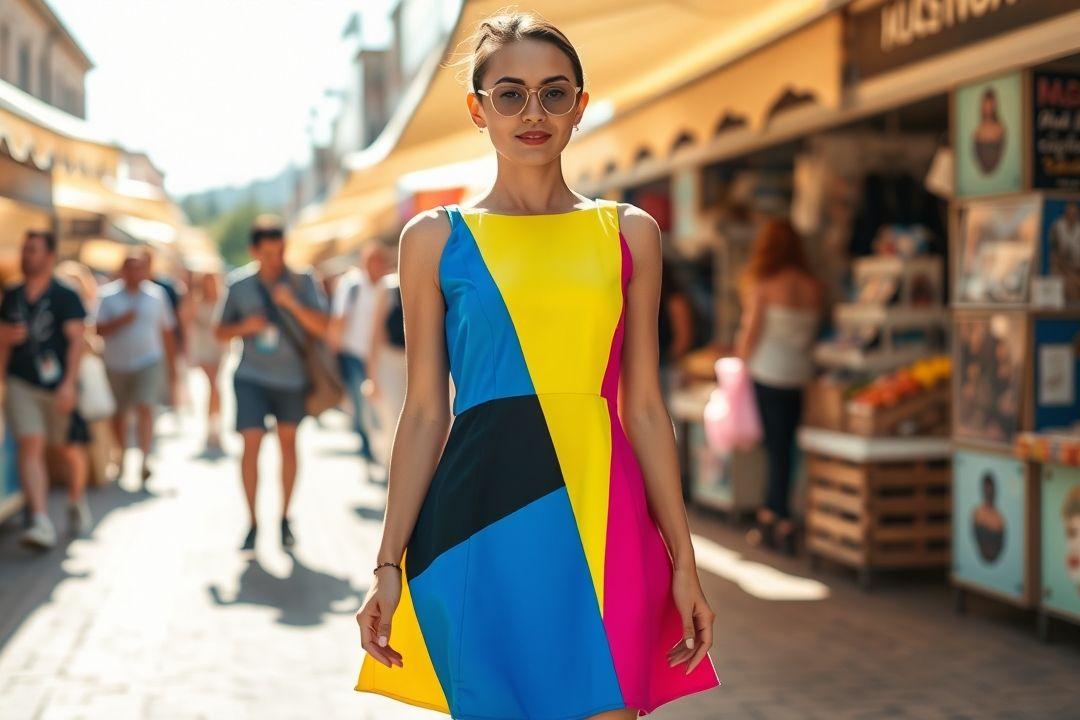  Платье мини трапеция в горошек с поясом