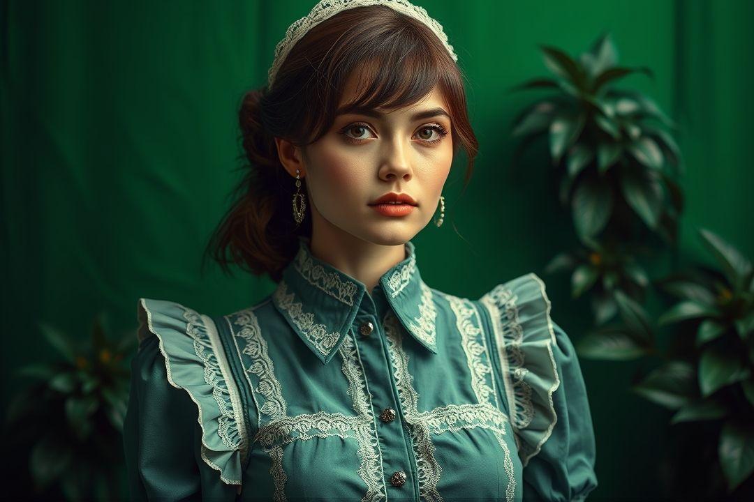  Платье горничной с длинными рукавами на изумрудном фоне