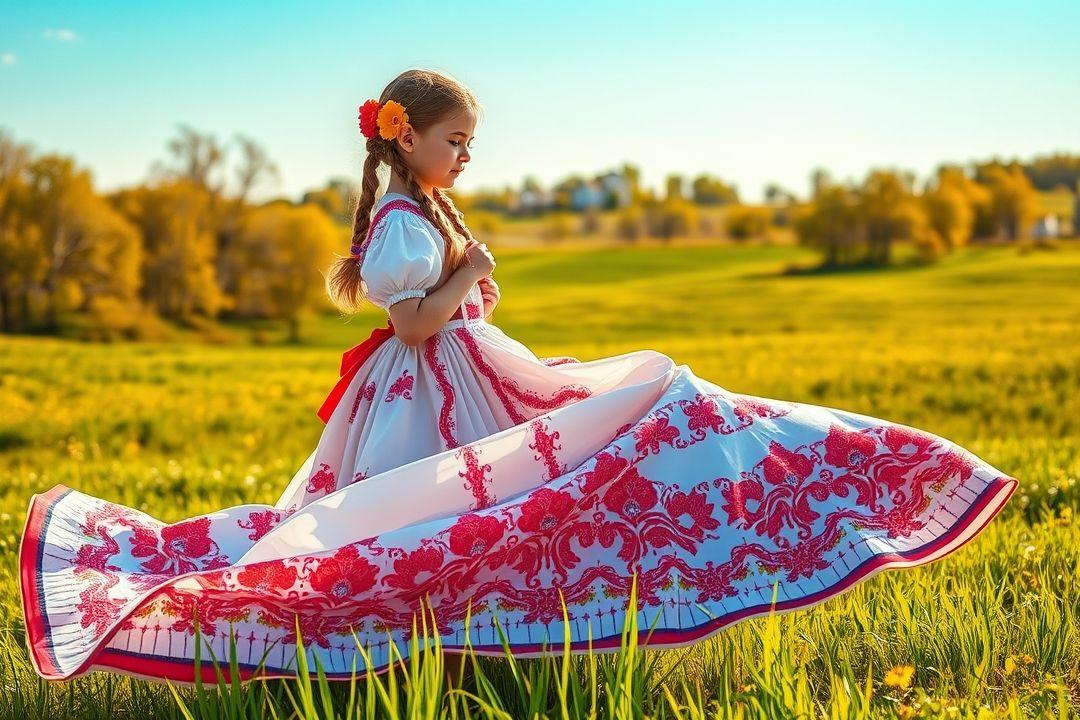  Русское народное платье для девочки с кружевными рукавами