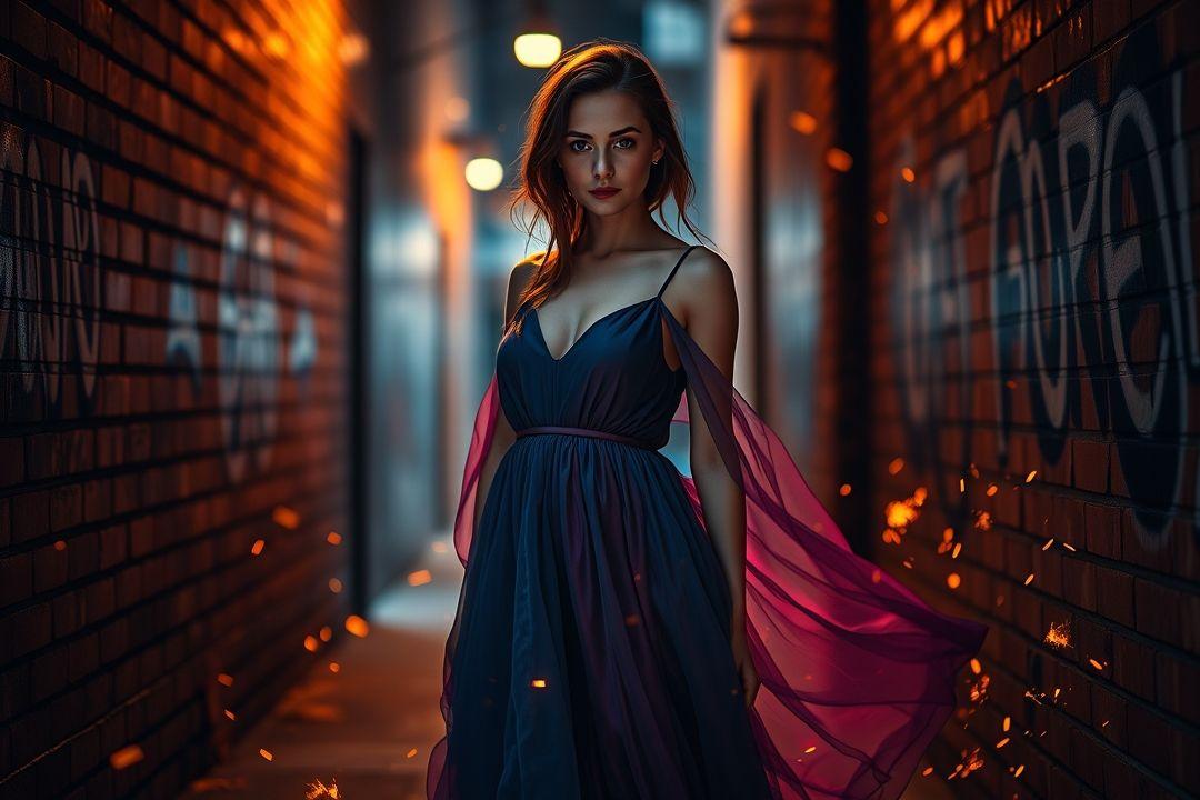 Модный аниме персонаж с яркой зажигалкой, в сверкающем платье