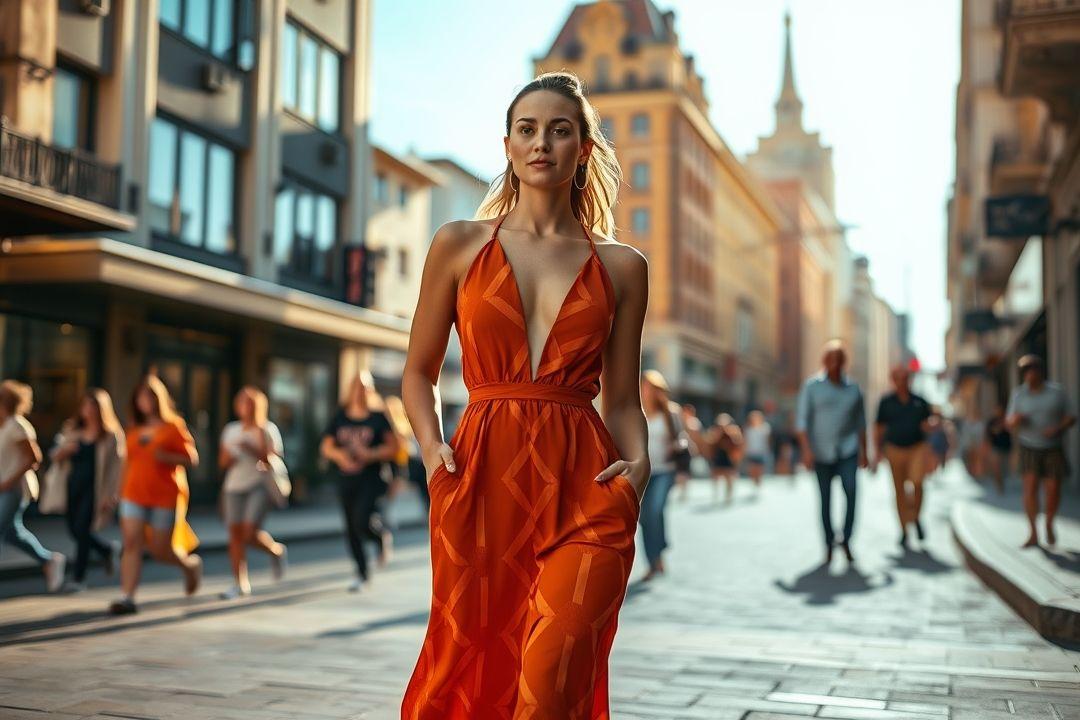 Яркое платье в полоску с запахом на фоне моря