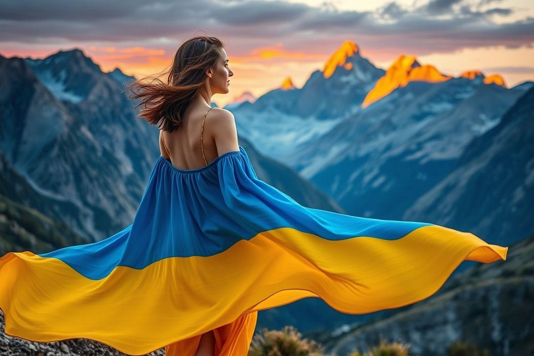 Платье сине-желтого цвета в интерьере с мягким светом