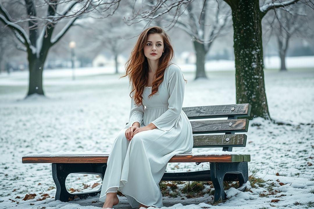 белое платье, украшенное снежинками, на фоне ледяной стены