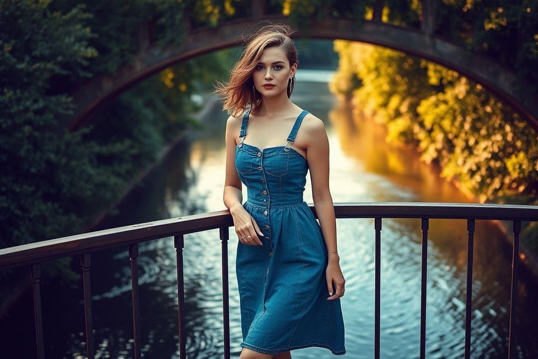 Джинсовое платье с длинным рукавом на фоне осеннего леса