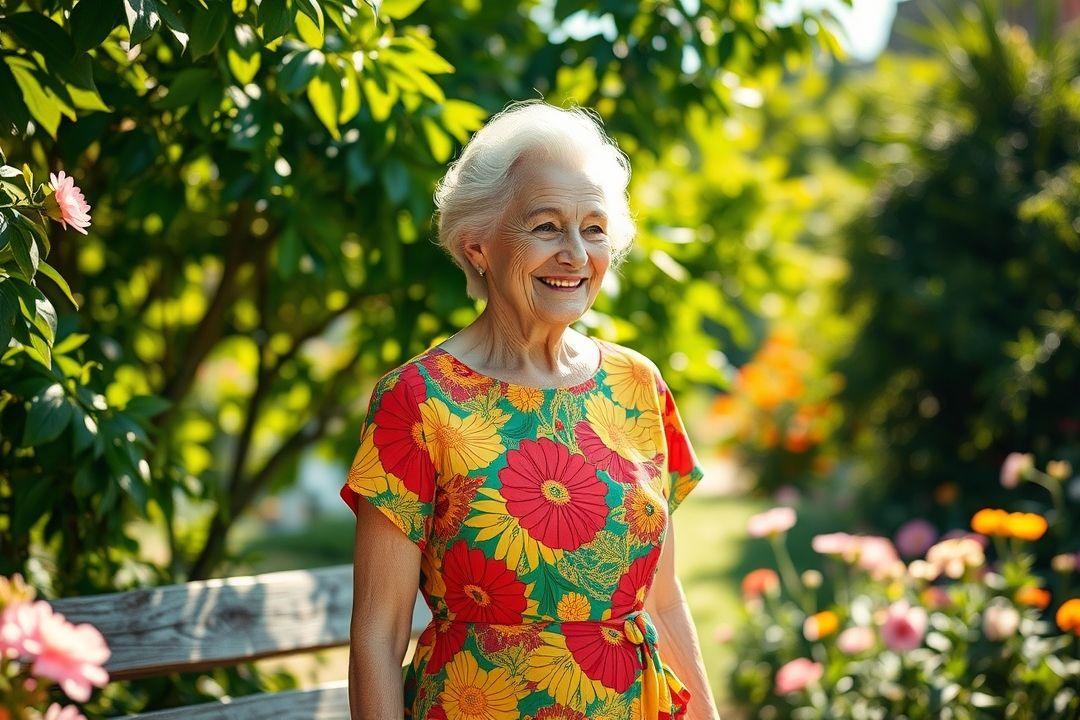  Стильное платье с поясом для 70-летней женщины на прогулке