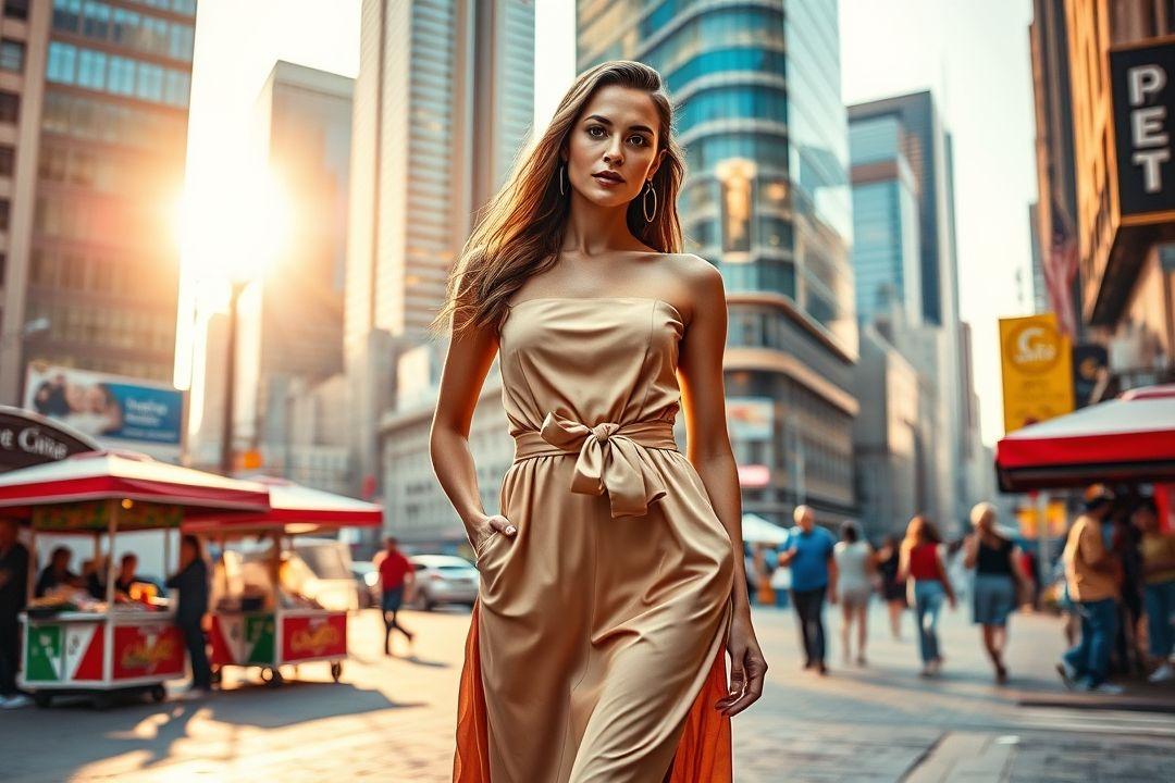 Модное платье с асимметричным кроем на фоне минималистичного интерьера