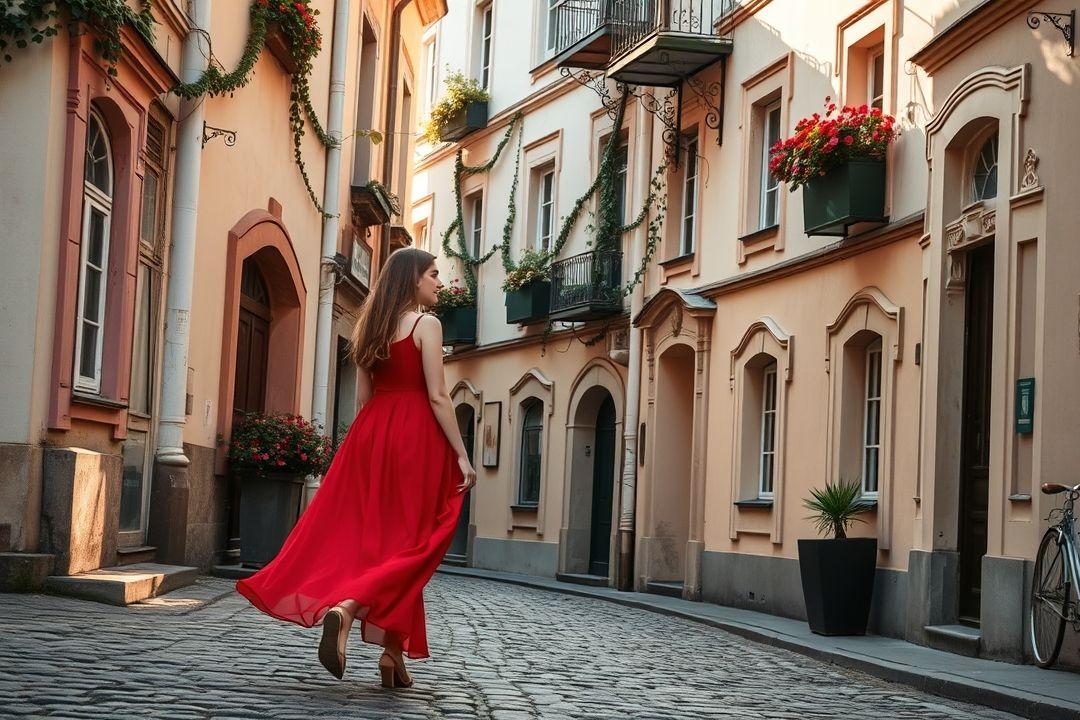 Русская девушка в красном платье, сидящая на скамейке в парке