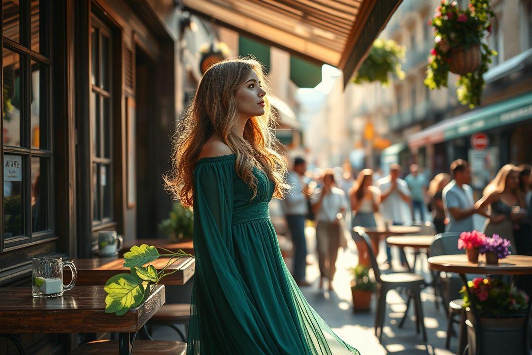 модель в зеленом платье среди цветущих весенних деревьев