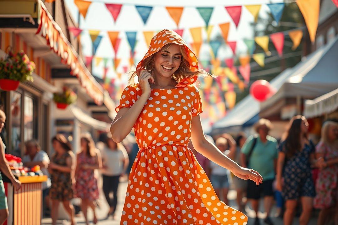 длинное платье в горошек на фоне цветущего сада