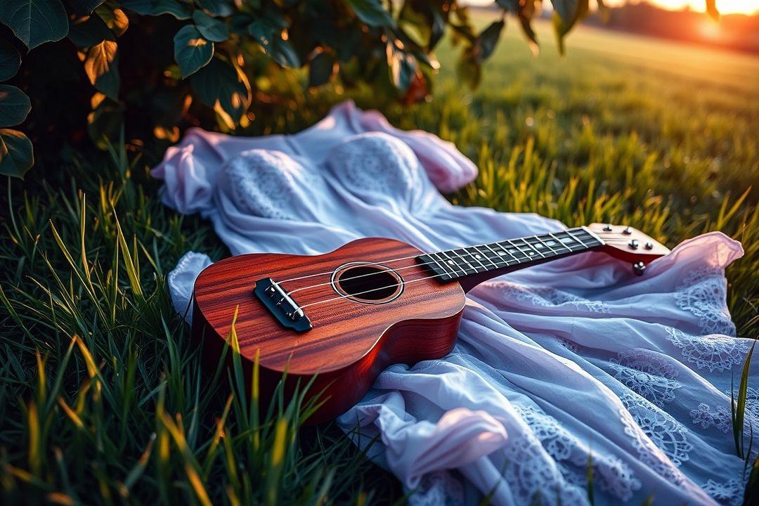Укулеле, украшенная стразами, рядом с вечерним платьем