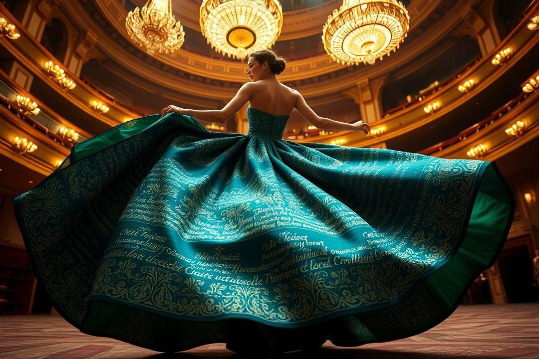 Длинное платье с градиентом и мелодичными фразами