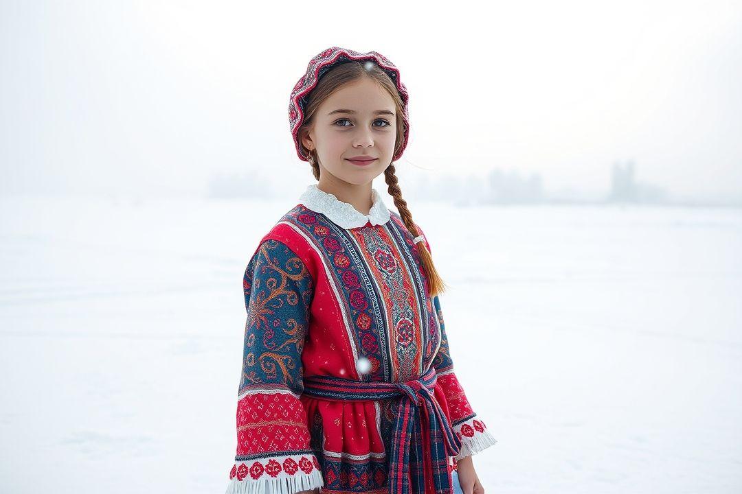 Девочка в русском платье, играющая с куклой из дерева