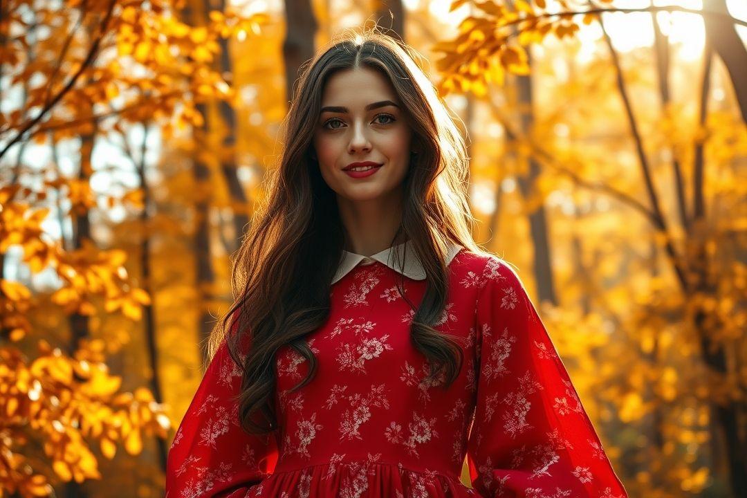 Красное платье в цветочек, белый воротник, детали швов и ткани