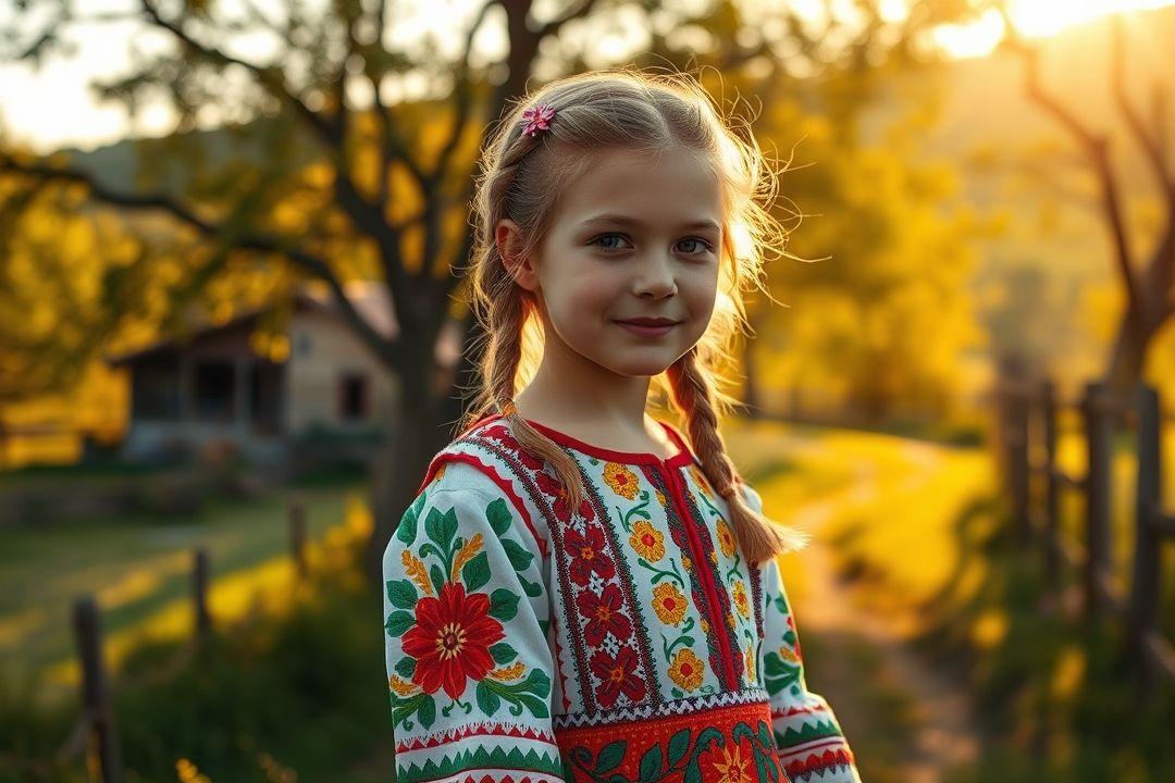  Девочка в народном платье на фоне традиционного русского дома