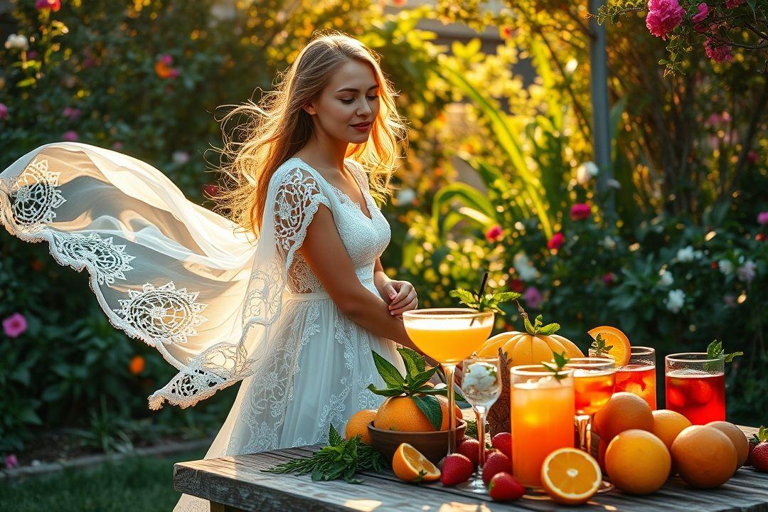  Счастливая девушка в белом платье из кружева с цветами в руках