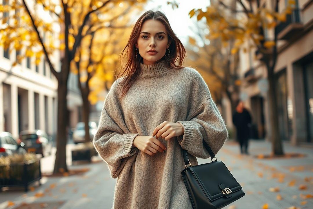 Шерстяное платье оверсайз на фоне камина