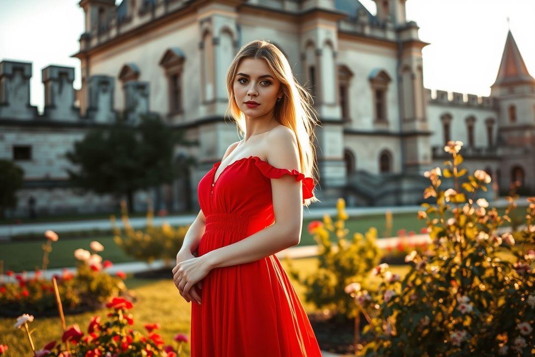 Русская девушка в красном платье, играющая с собаками
