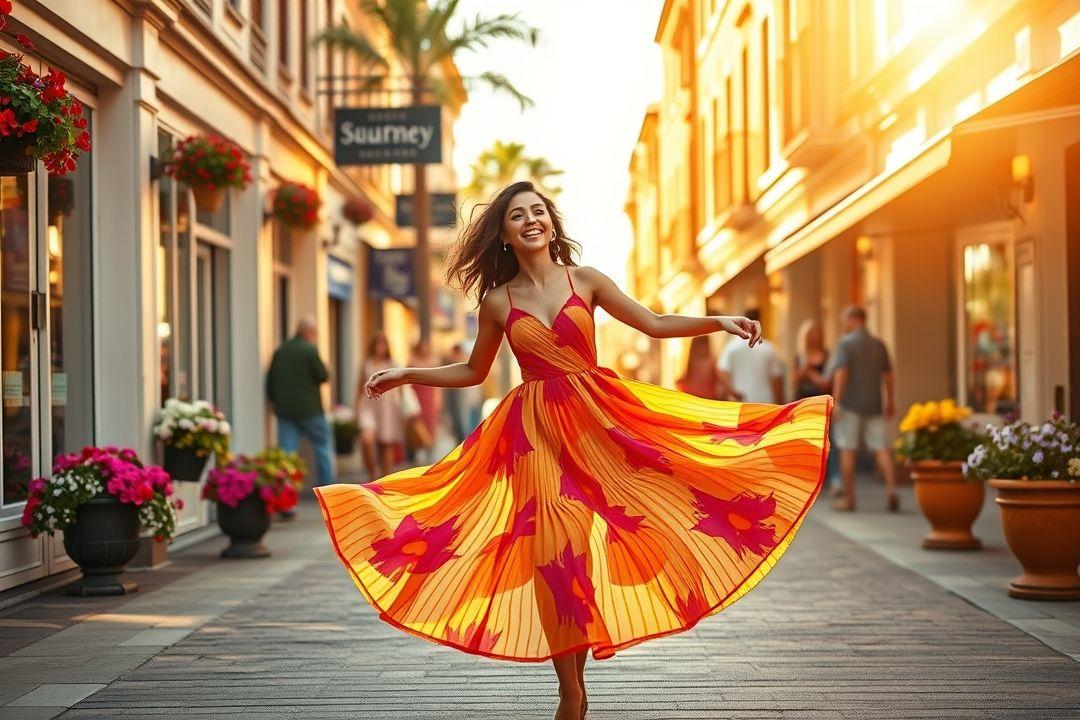Модель в ярком платье среди зелени