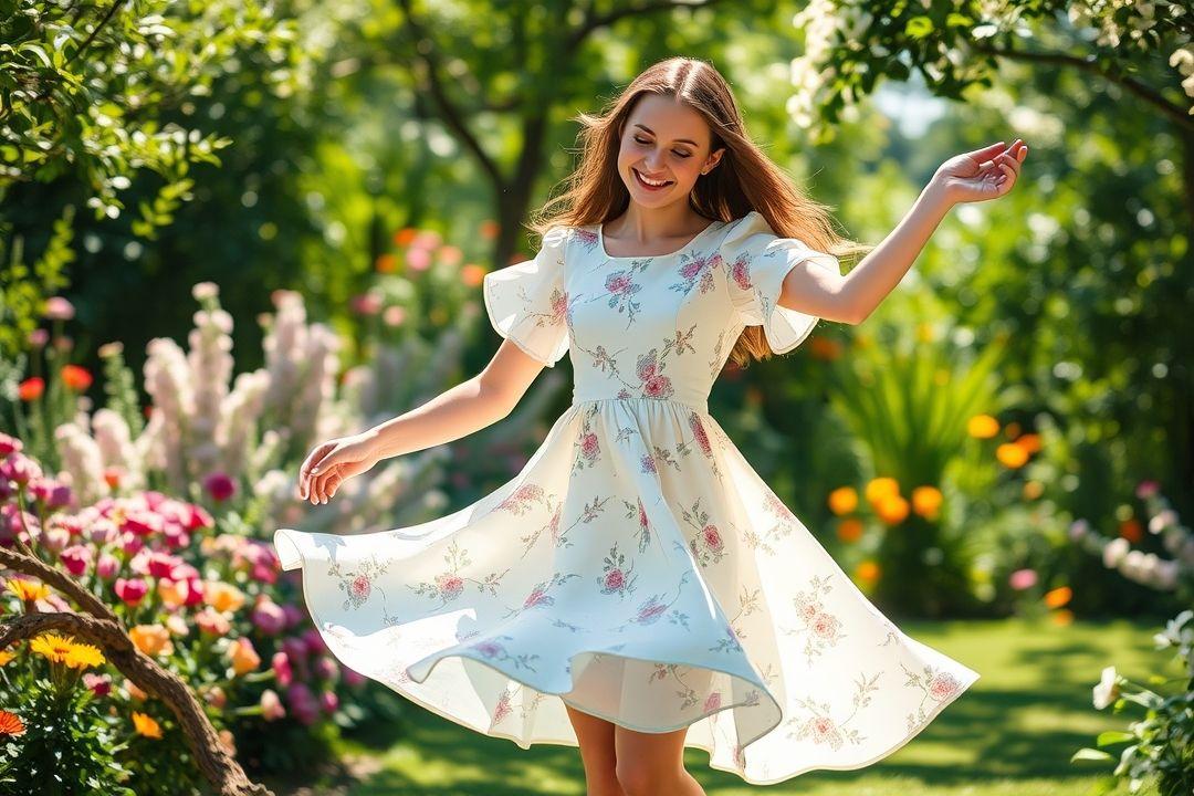 Платье с поясом, цветочный узор в ярких оттенках
