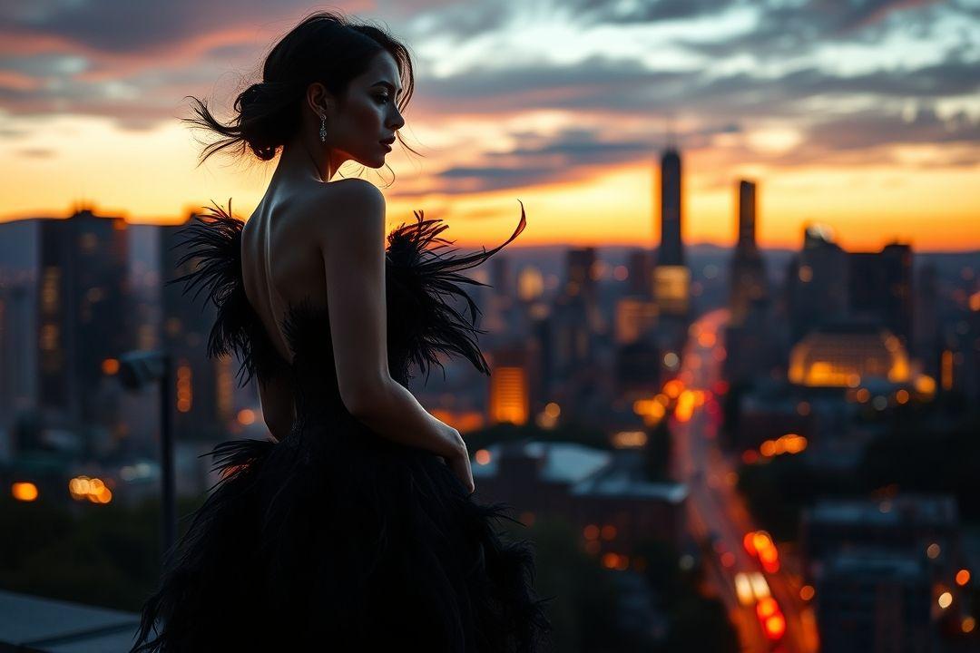 Фотография черного платья с перьями на модели, стоящей на улице