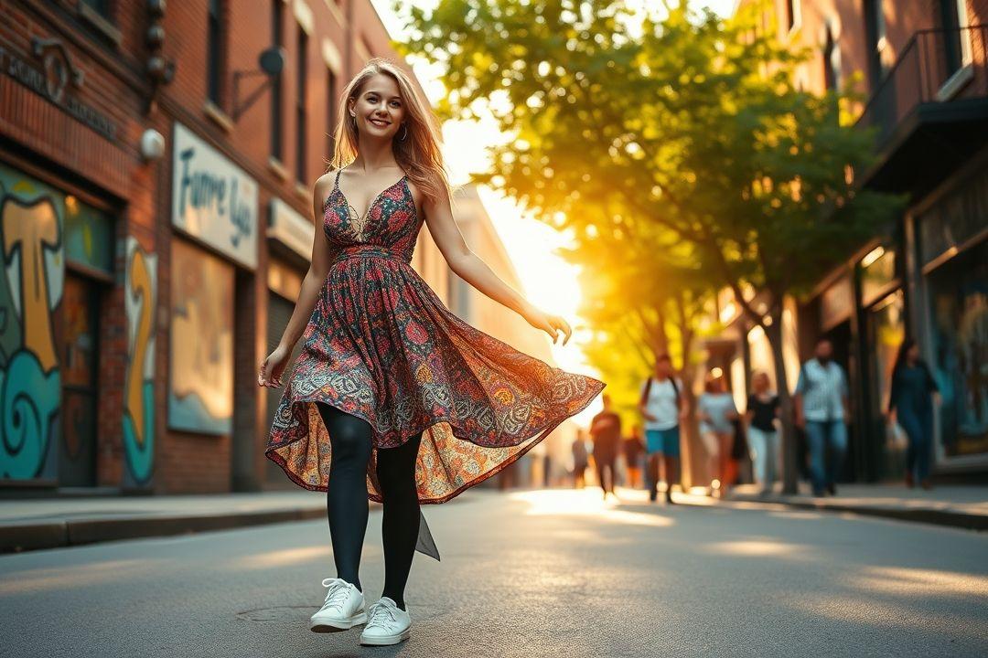 Платье с принтом в горошек, черные колготки, белые кроссовки на фоне стенда с граффити