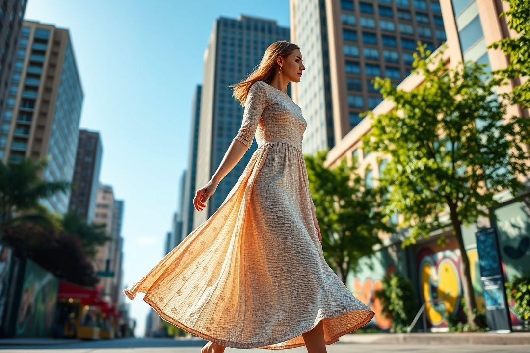  Длинное трикотажное платье с высоким воротником, на фоне зимнего леса