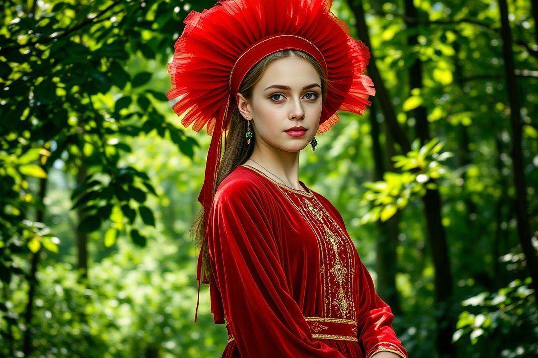 Русская девочка с косой в платье, собирающая ягоды