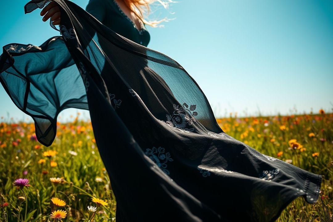 Черное платье с белой вышивкой, элегантная поза модели