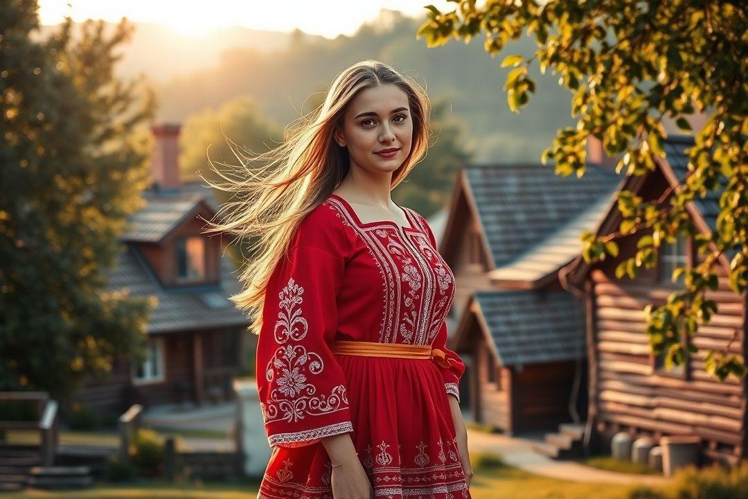 Девочка в народном платье, сидящая у стола с русскими пирогами