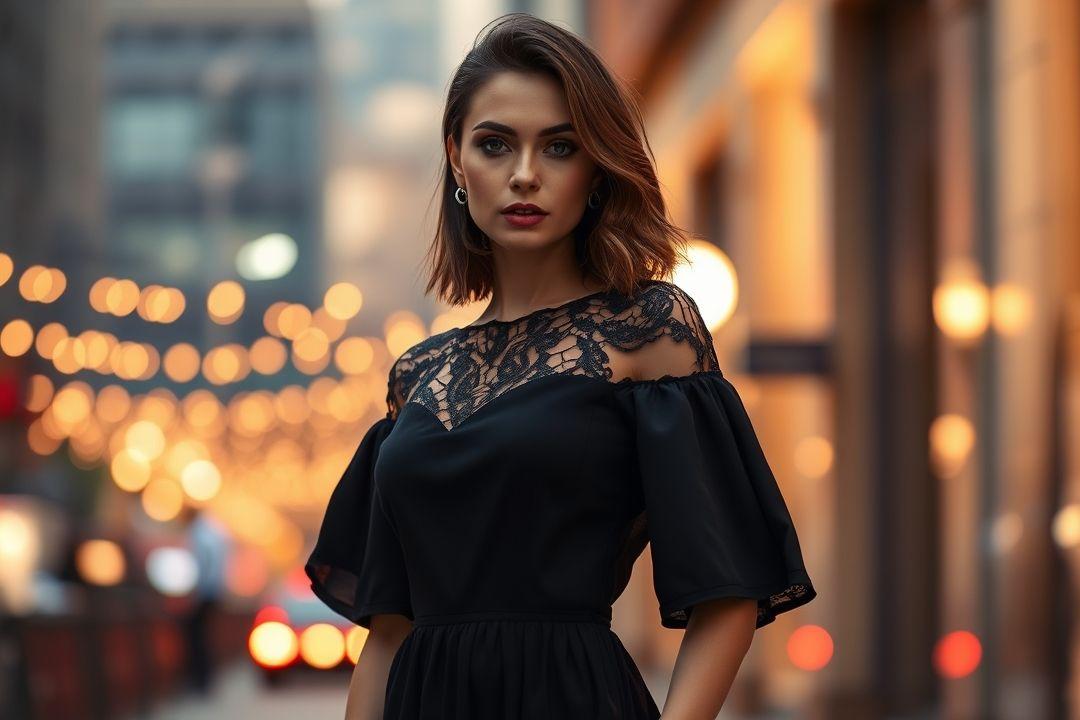 черное платье миди с короткими рукавами и asymmetrical подолом