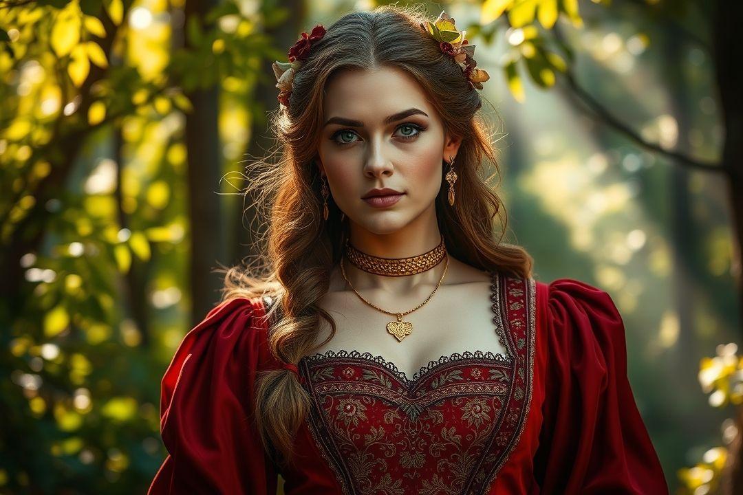 Персонаж в старинном платье с сумкой в руках на фоне замка