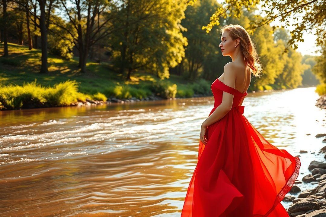 Русская девушка в красном платье, танцующая под дождём