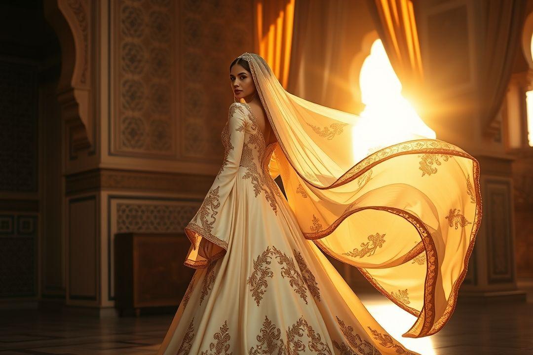 Платье невесты с длинной фатой и народными украшениями