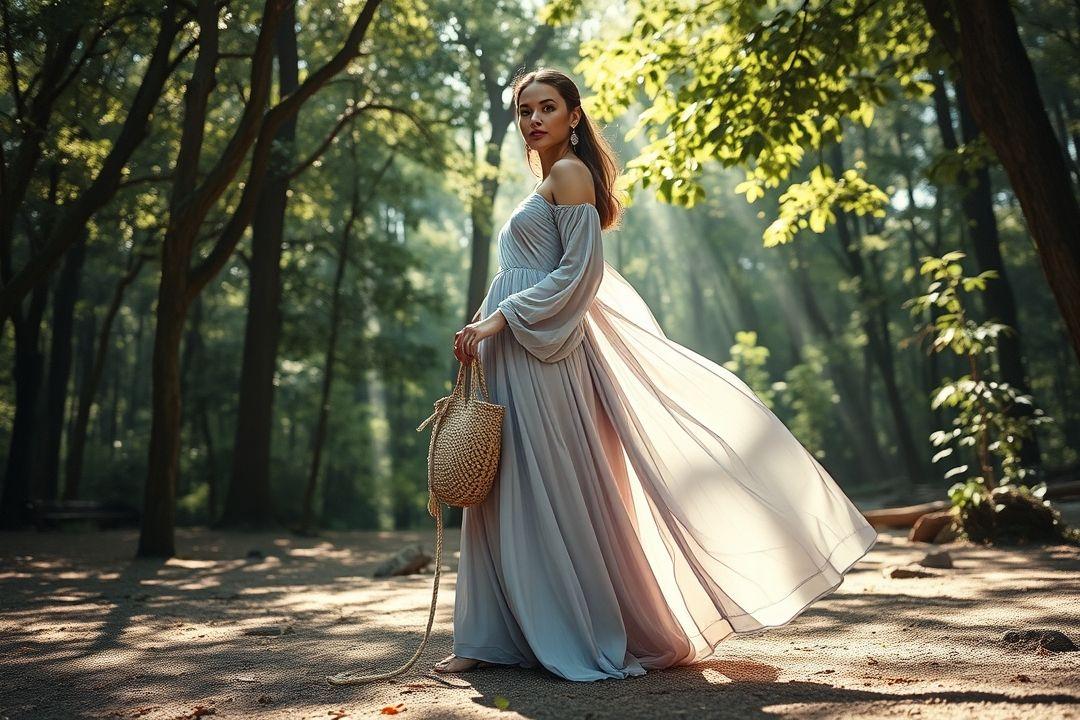 Косплей героини в платье из легкого материала с декоративной узорчатой сумкой