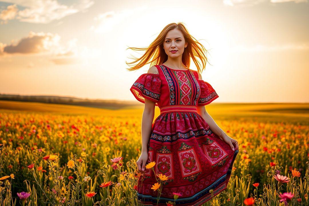 Платье с вышивкой на фоне традиционного белорусского пейзажа