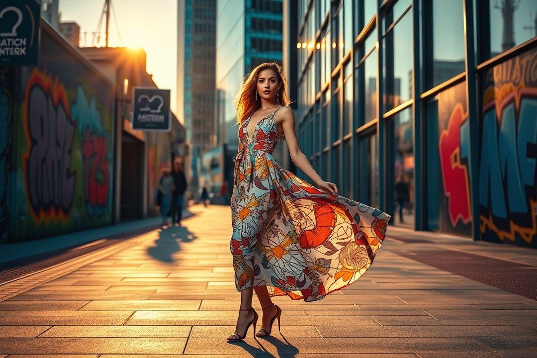 Открытое платье с яркими цветами, стоящее на улице в рекламе