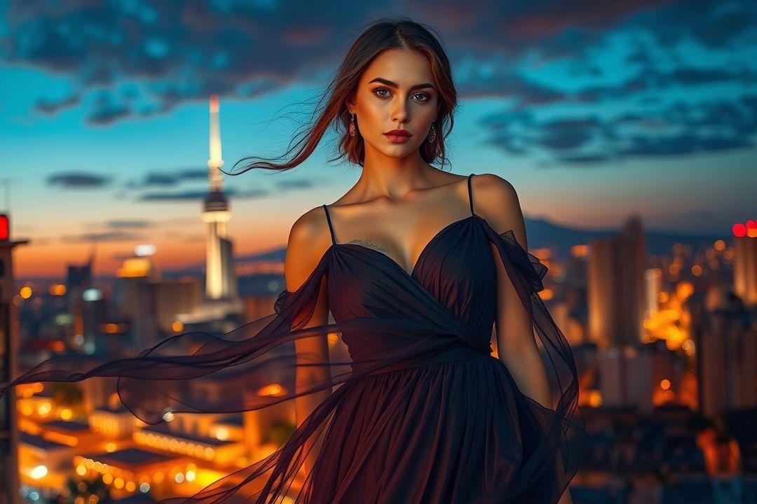 Платье с прозрачными вставками на фоне вечернего заката
