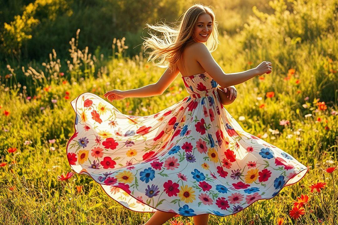  Платье с запахом и цветами на фоне цветущего сада